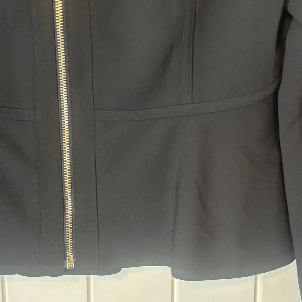 DKNY Black Women's Peplum Blazer Jacket Collarless Crew Neckline Gold Front Zip